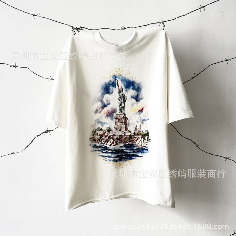 saint m t shirts  s.m oil painting statue of liberty crew neck pullover short sleeve top - wholesale