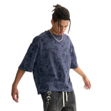 Etai men's clothing trendy distressed denim style boxy short sleeve men's t-shirt heavyweight pure cotton denim texture men's short sleeve