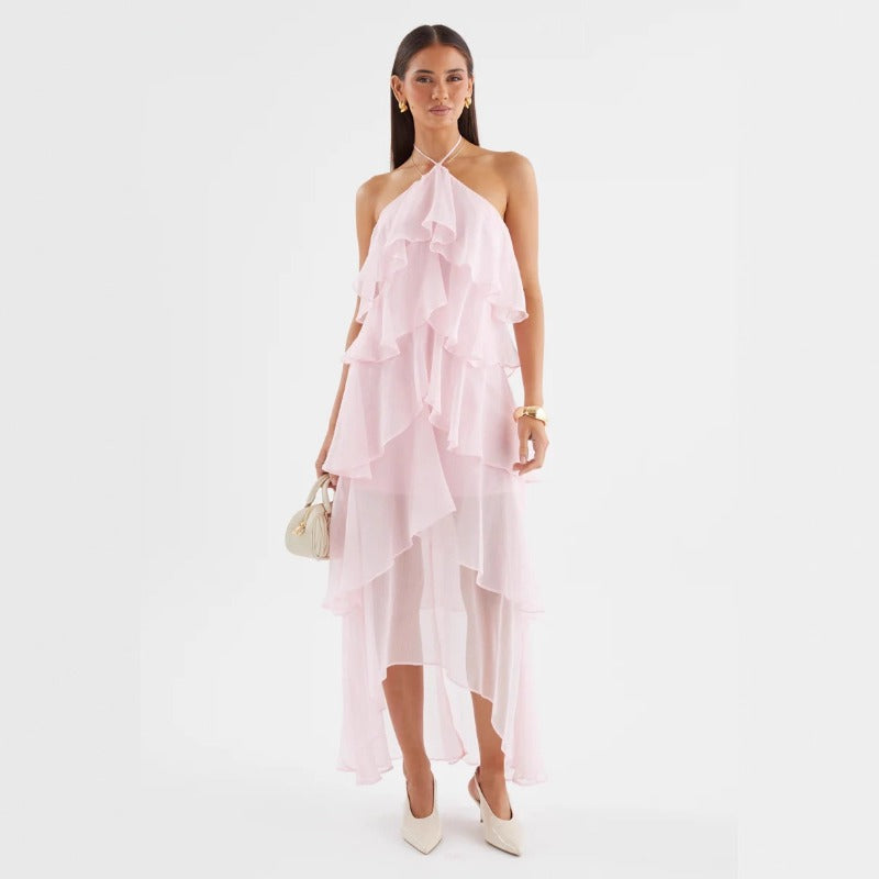 Women's french riviera style beach dress - summer sleeveless halter sundress with ruffle trim