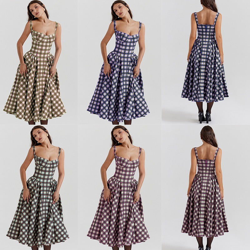 Women's summer amazon dress: french retro long dress, court style dopamine outfit, spaghetti strap dress for women