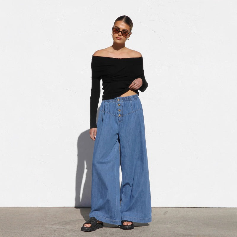 Women's pants: amazon independent store, european and american spring/summer lightweight elastic waist denim trousers, drapey vintage wide-leg jeans