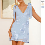 Women's dress - european & american summer 3d embroidered backless crisscross tie-up mini dress - exquisite floral embroidery banquet gown