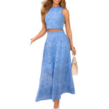 Women's dress - cross-border autumn european style sleeveless embroidered hollow-out lace maxi dress vacation set (two-piece)