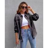 Women's european and american style mid-length frayed hem distressed denim jacket - autumn/winter long sleeve casual turn-down collar top