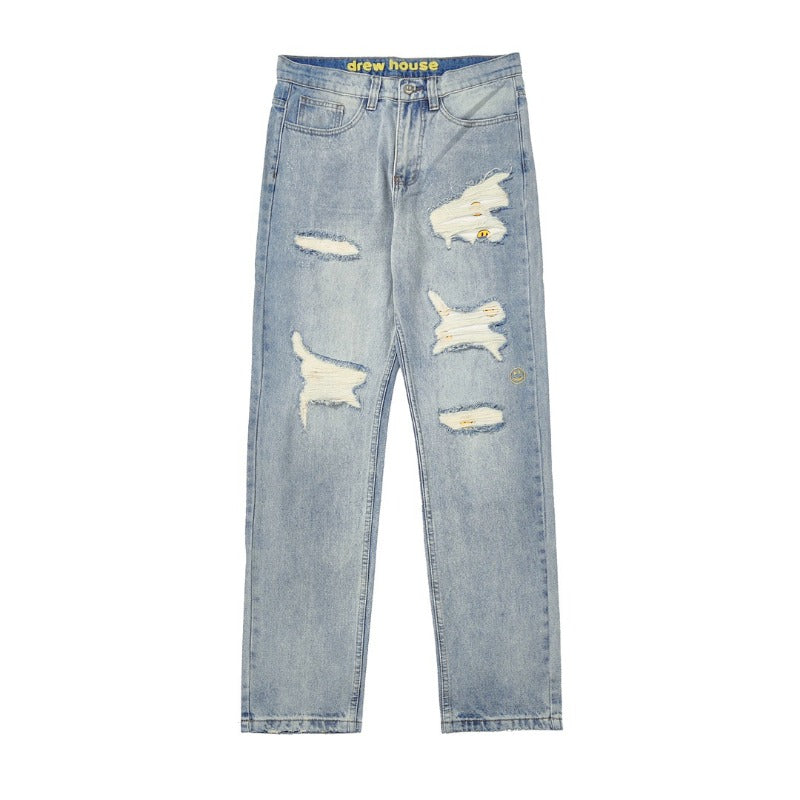 Drew house pants spring & fall fog high street smiley hole denim pants