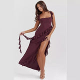Women's dress - cross-border fashion, european & american summer style, french-style spaghetti strap, ruffle trim, designer detail, sexy slit maxi dress