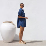Women's dress - premium european & american style denim short-sleeve shirt dress with cardigan, loose fit, perfect for amazon & international trade