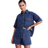 Women's pants: european and american cross-border spring/summer retro casual loose pocket short sleeve shirt & shorts denim set