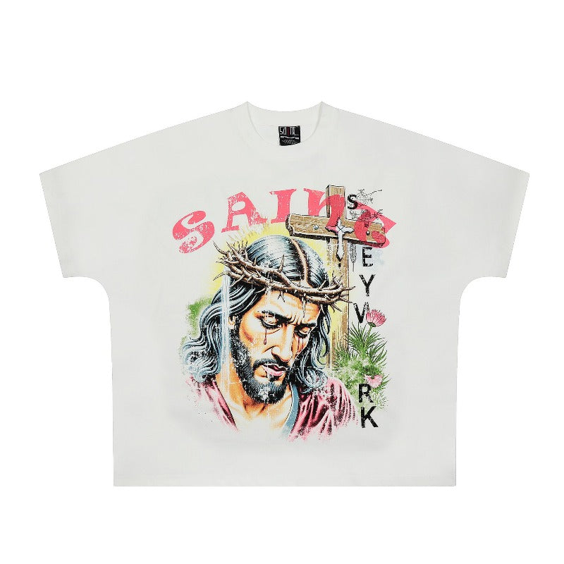 saint m t shirts  s.m. character & floral print crew neck pullover short sleeve top - wholesale