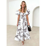 Women's dress - cross-border fashion, spring/summer, amazon style, elegant, slim-fit, printed, puff sleeve, high-end maxi dress for women