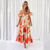 Women's dress - cross-border fashion, spring/summer, amazon style, elegant, slim-fit, printed, puff sleeve, high-end maxi dress for women