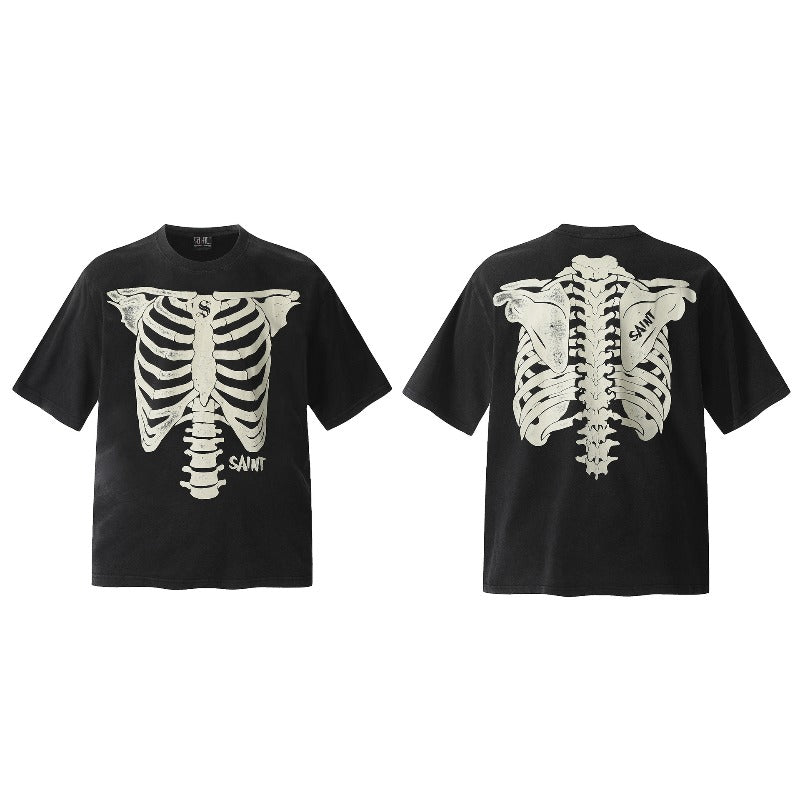 saint m t shirts  s.m. skeleton letter graphic crew neck short sleeve pullover - wholesale