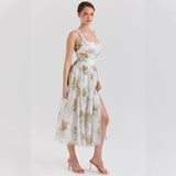 Women's dress amazon wholesale summer french sweet & spicy designer print halter neck slim fit slit dress