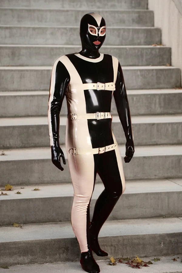 Man Latex Catsuits Full Body Strapped In