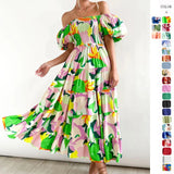 Women's summer dress: european and american style, puff sleeve, slimming maxi dress, hot girl high-waisted off-the-shoulder printed dress