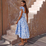 Women's floral print bohemian dress - summer short sleeve square neck maxi dress for cross-border fashion