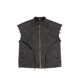 Etai men's clothing | distressed patchwork american retro heavyweight cotton vest - stand collar, frayed edges, washed finish