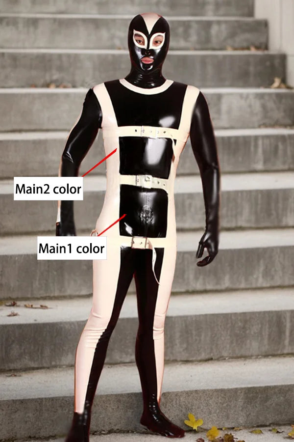 Man Latex Catsuits Full Body Strapped In