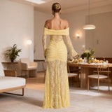 Women's dress: european and american style, elegant lace off-the-shoulder maxi dress, fashionable sexy long sleeve backless slim-fit dress for women
