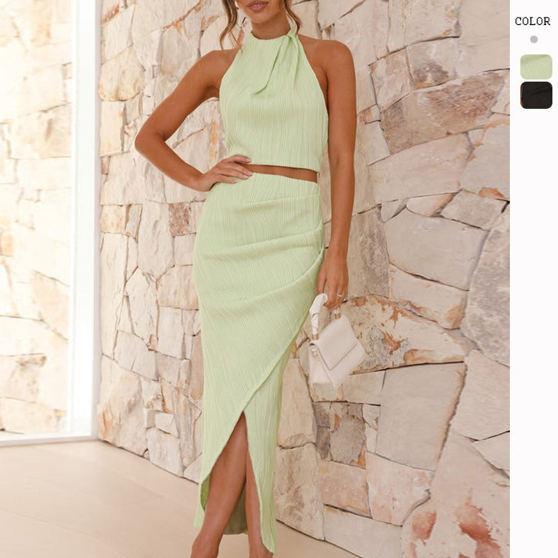 Women's dress: summer european and american sexy style solid color halter top bodycon skirt slim fit long dress fashion women's set