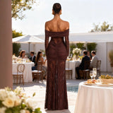 Women's dress: european and american style, elegant lace off-the-shoulder maxi dress, fashionable sexy long sleeve backless slim-fit dress for women