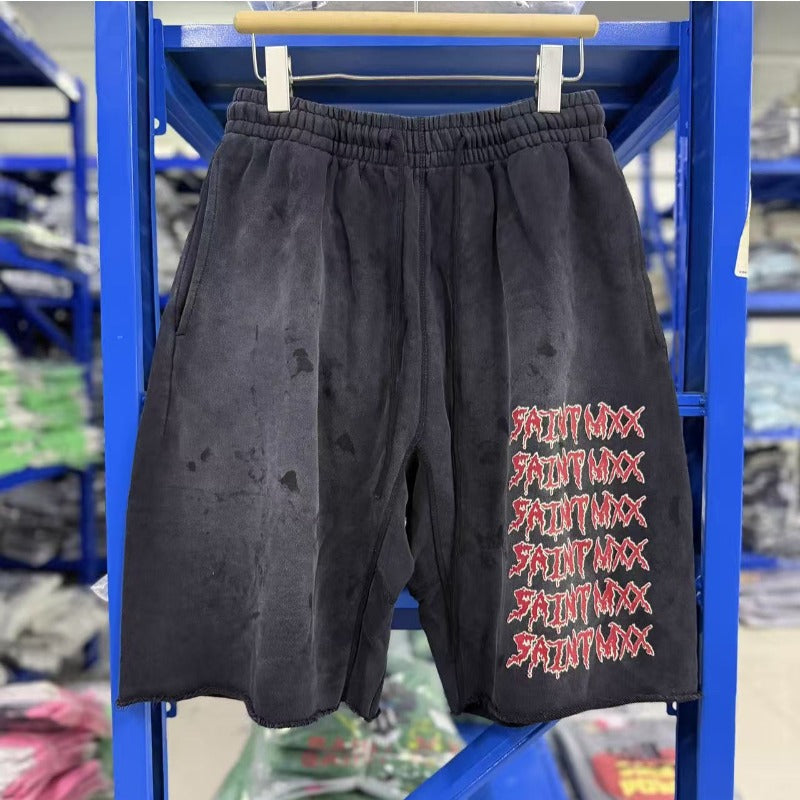 Saint m t pants - spring/autumn s.m letter print design washed distressed athletic shorts
