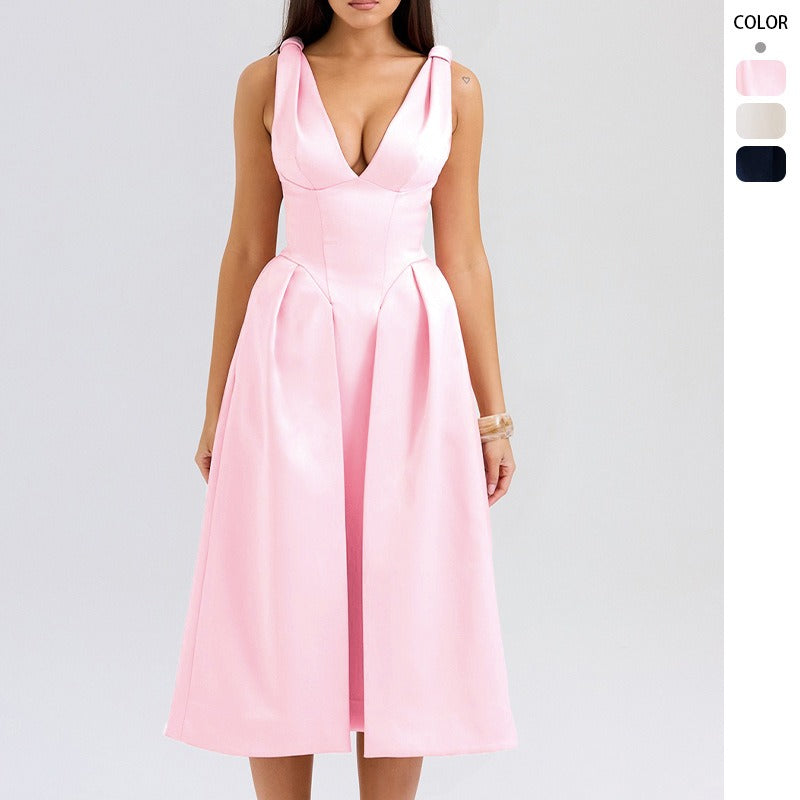 Women's summer dress - slim fit camisole maxi dress - european & american style fashion - solid color v-neck elegant dress