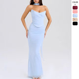Women's dress: cross-border european and american style blue bandeau crop top + high-waisted bodycon pencil skirt slim-fit two-piece set