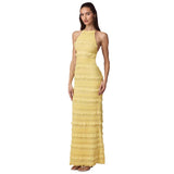 Women's dress - cross-border summer fashion: european & american style, amazon hot seller, sexy ruffle trim, backless halter neck, tie-up maxi dress