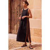 Women's sleeveless midi dress - spring/summer casual fashion: round neck, solid color, lace trim, and slit detail