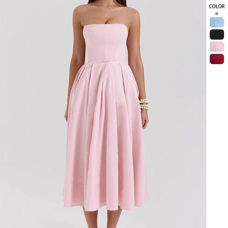 Women's dress: sexy summer outfit - high-end fishbone bandeau dress, pure & sultry style, hot girl slim fit, backless midi dress