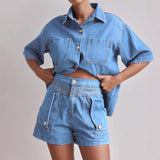 Women's pants: summer amazon cross-border european and american style casual retro loose shirt & denim shorts set - denim women's