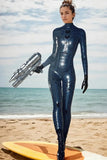 Women Latex Catsuits Space Girl Metallic Blue Cosplay