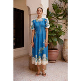 Women's dress: european and american cross-border independent station aliexpress personalized floral linen lantern sleeve fashionable cinched waist round neck dress