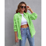 Women's european and american style mid-length frayed hem distressed denim jacket - autumn/winter long sleeve casual turn-down collar top