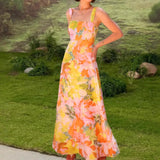 Women's dress - ready stock for export, summer collection, european & american style, cross-border vacation look, spaghetti strap maxi dress with floral print and flared hem