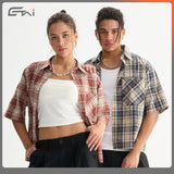 Etai men's clothing trendy color block short plaid short sleeve shirt - high quality spring/summer style - couple's boxy shirt