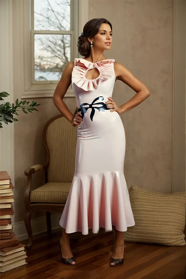 Women Latex Dress Pink Cutout Ruffled Collar