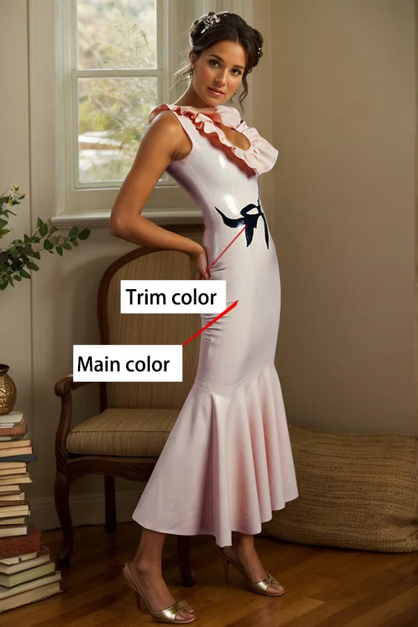 Women Latex Dress Pink Cutout Ruffled Collar