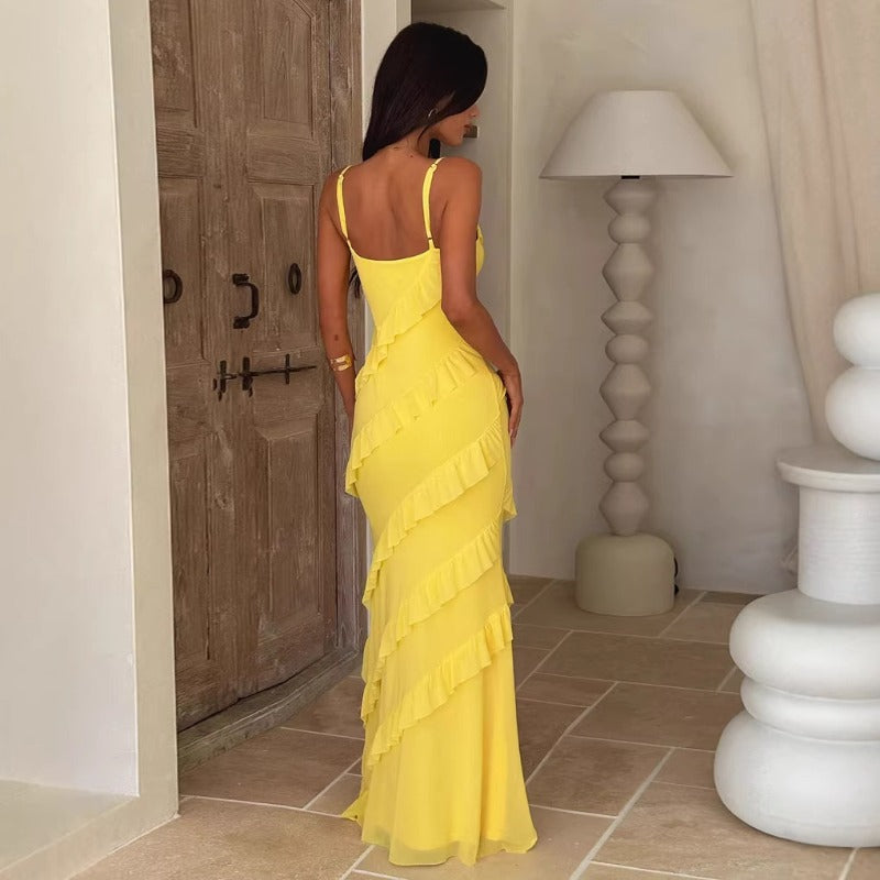 Women's dress: european and american spring/summer sexy backless cami v-neck off-the-shoulder ruffle slim-fit side slit maxi dress