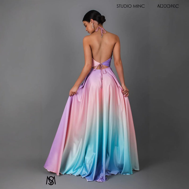 Women's dress - european & american style, a-line, cinched waist, gradient dress, amazon sexy deep v gown, long dress for women