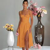 Women's dress - european & american amazon spring/summer fashion casual tie-waist slim-fit slit cami high-end dress