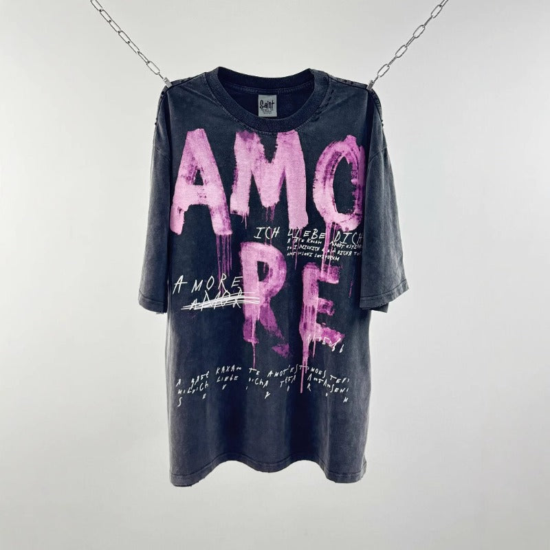 saint m t shirts  s.m. face letter graphic crew neck pullover short sleeve t-shirt - wholesale
