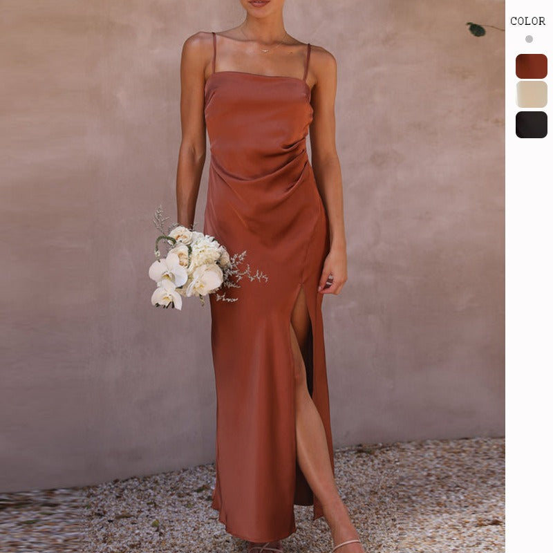 Women's dress - spring/summer amazon cross-border fashion - solid color slit cami dress for women (european & american style)