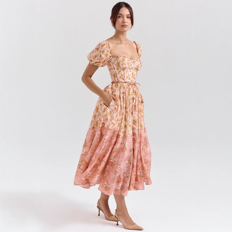 Women's dress - cross-border temu style - puff sleeve - amazon & independent website - ladies' floral print - pleated skirt