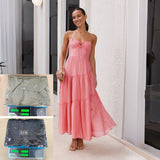 Women's dress - cross-border european & american style, patchwork camisole maxi dress with open back, tie detail, and full skirt. fully lined