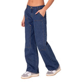 Women pants european and american exportloose wide-leg silhouette niche style women's studded double knee slightly flared workwearjeanscasualstraight-leg pants for women