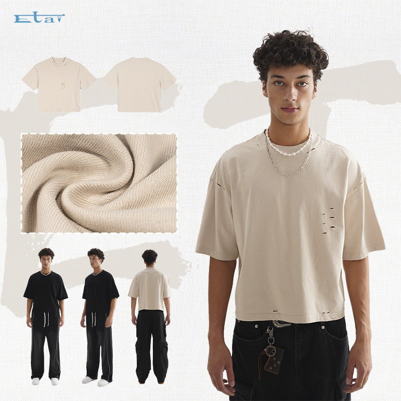 Etai men's clothing american streetwear vintage distressed solid color men's t-shirt, high-quality heavyweight 100% cotton, oversized short sleeve tee