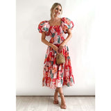 Women's summer dress: european and american style, puff sleeve, slimming maxi dress, hot girl high-waisted off-the-shoulder printed dress