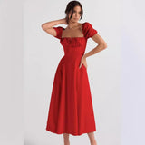 Women's high-waisted summer dress - european & american style - amazon fashion - slimming, elegant, bubble sleeve, tie-waist short sleeve dress